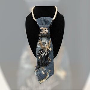 Pearl-Trim Denim Statement Necklace with Charms